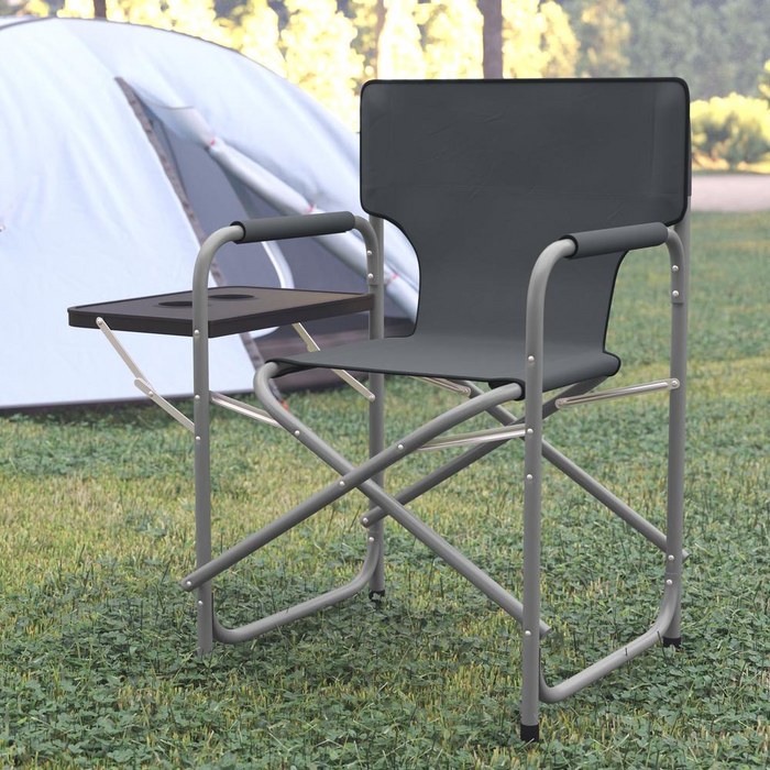 Folding Gray Director's Camping Chair with Side Table and Cup Holder - Portable Indoor/Outdoor Steel Framed Sports Chair
