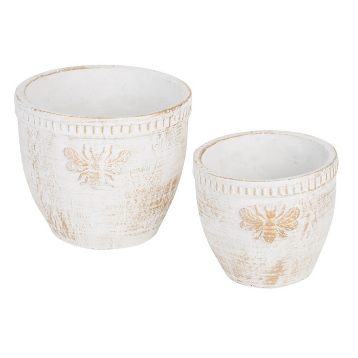 Cement Flower Pot Set - Gold Bee Whitewashed