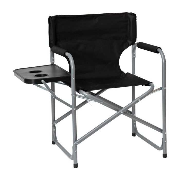 Folding Black Director's Camping Chair with Side Table and Cup Holder - Portable Indoor/Outdoor Steel Framed Sports Chair