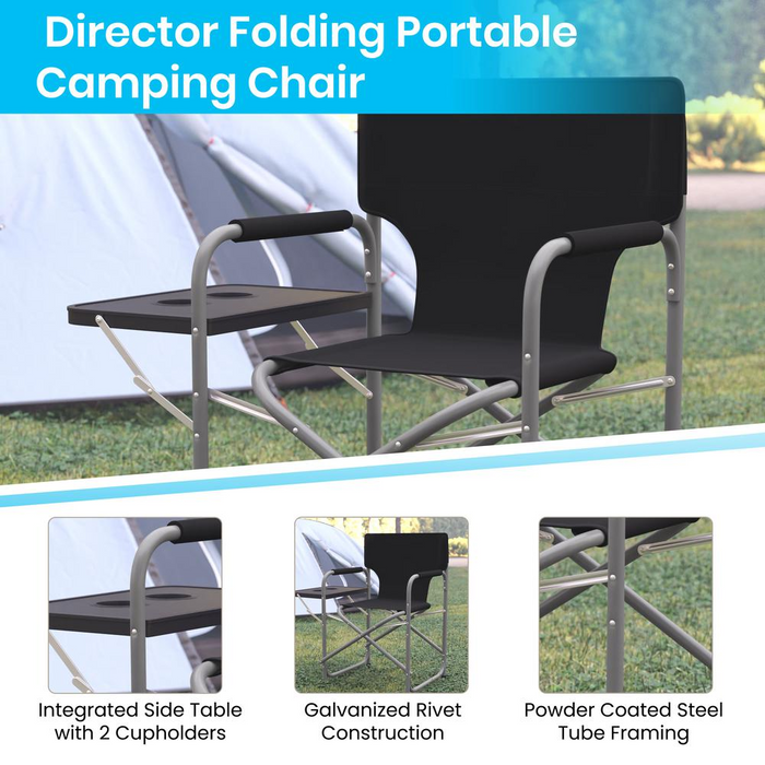 Folding Black Director's Camping Chair with Side Table and Cup Holder - Portable Indoor/Outdoor Steel Framed Sports Chair
