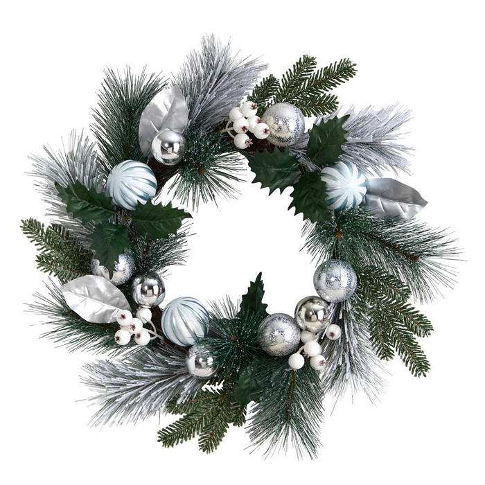 24in. Pinecones and Berries Christmas Artificial Wreath with Silver Ornaments