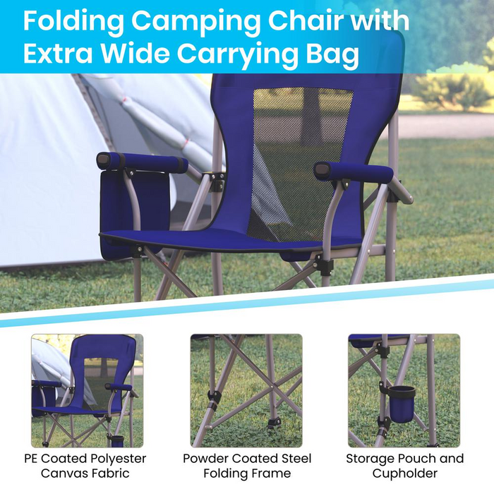 High Back Folding Heavy Duty Portable Camping Chair with Padded Arms, Cup Holder, Storage Pouch and Extra Wide Carry Bag, Blue/Gray