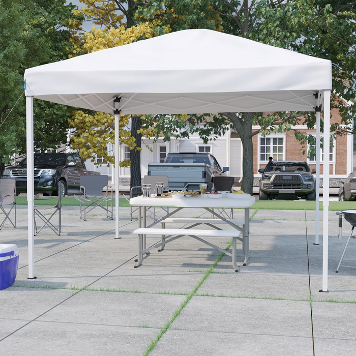10'x10' White Pop Up Event Canopy Tent with Carry Bag and Folding Bench Set - Portable Tailgate, Camping, Event Set