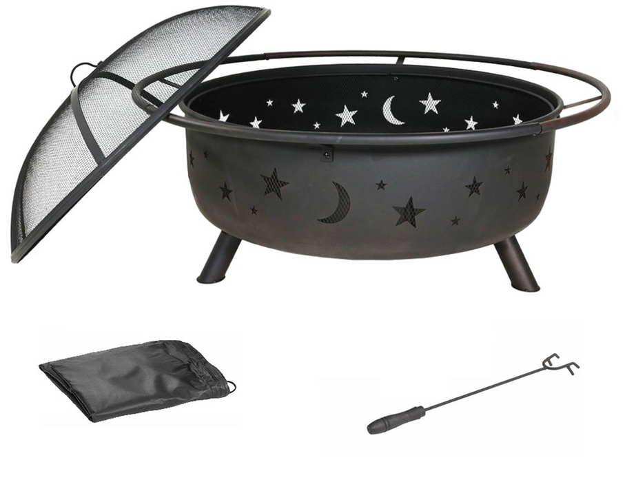HomeRoots 30" Wood Burning Fire Pit with Charcoal Grill and Spark