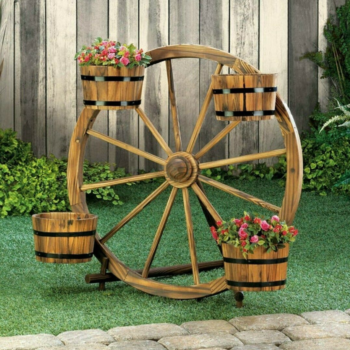 Wood Wagon Wheel Plant Display