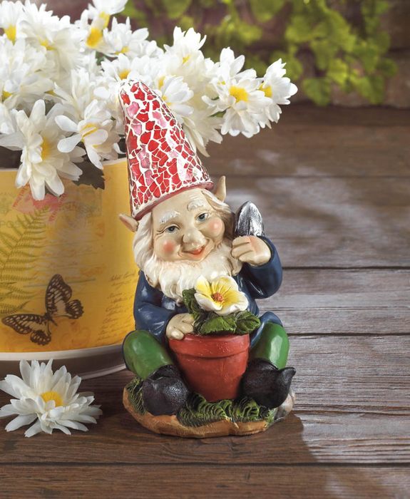 Gnome with Flower Solar Garden Statue