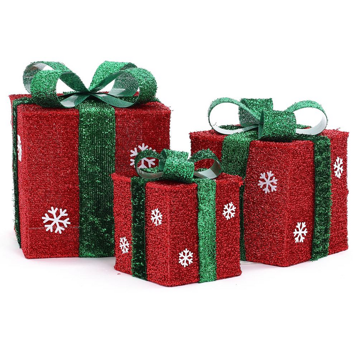 Set of 3 Red and Green Presents with Bows Lighted LED Indoor Outdoor Holiday Decoration